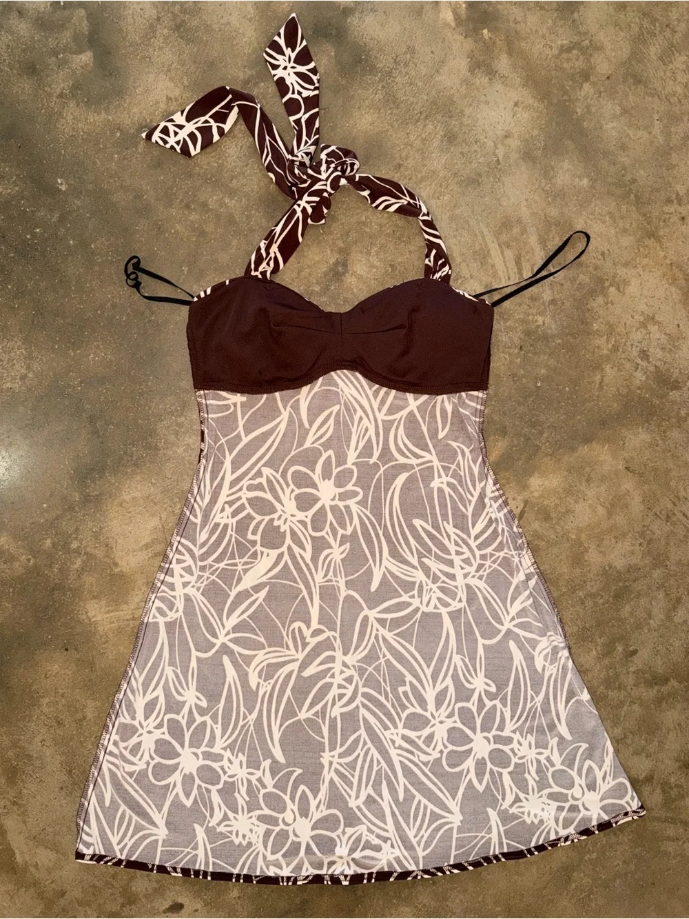 City Triangles Brown Cream Floral Halter Mini Dress Y2K Boho Cottage M (S Fit)